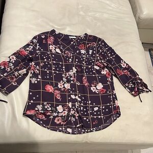 New York & Company Navy Floral Blouse with Pink Accents